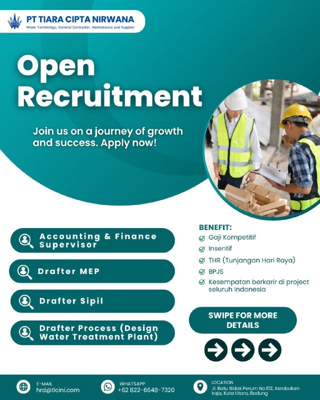 Accounting & Finance Supervisor - Drafter MEP - Drafter Sipil - Drafter Process (Design Water Treatment Plant)