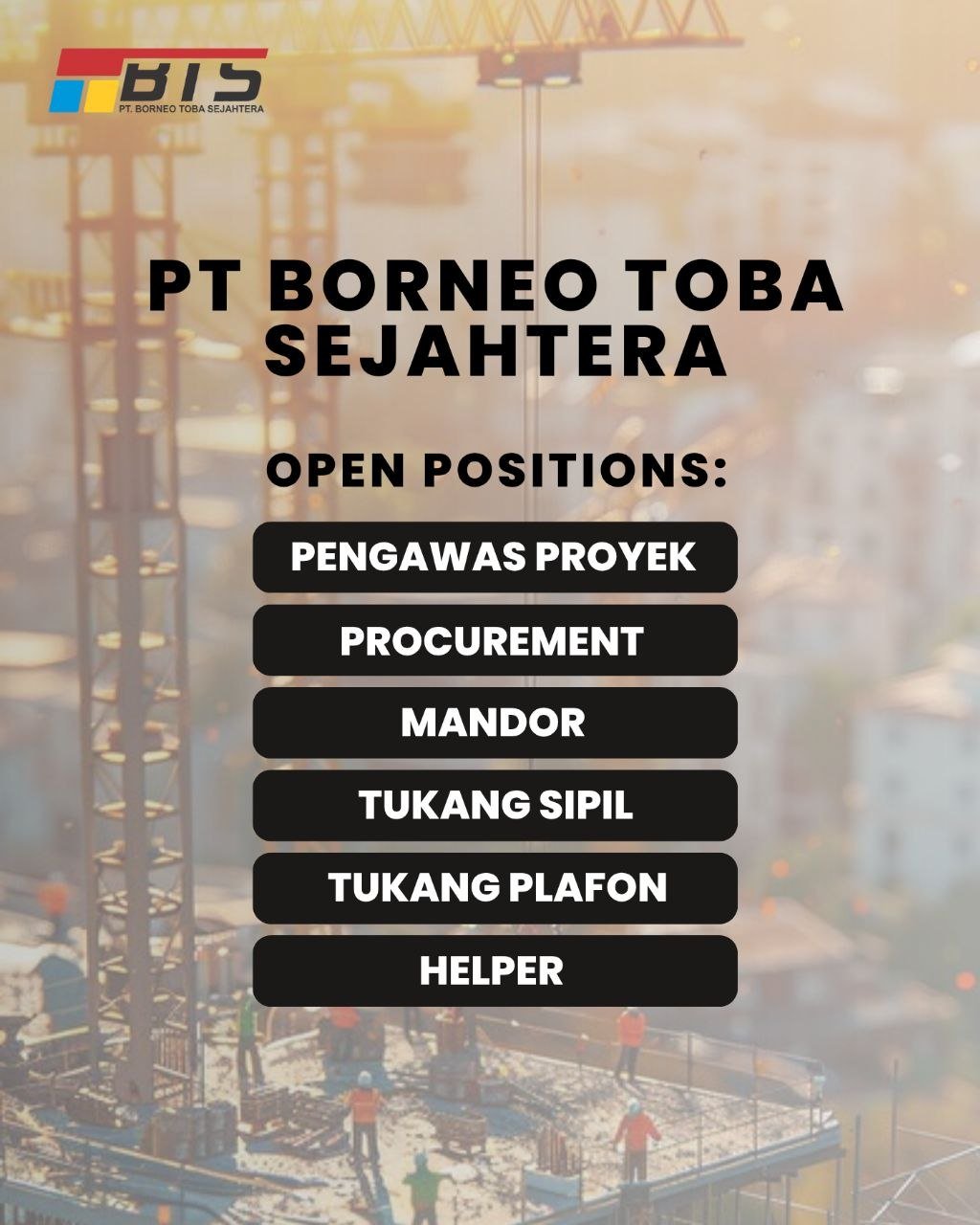 Pengawas Proyek - Procurement - Mandor - Tukang Sipil - Tukang Plafon - Helper