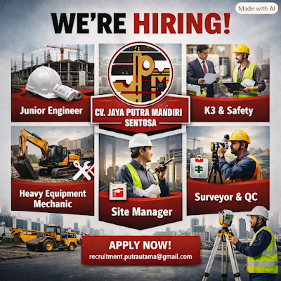 Admin, Staff HRD, K3, SPV Alat & Perlengkapan, SPV Logistik, Penerimaan Solar, Mekanik Alat Berat, Site Manager, QS, QC, Surveyor, Asisten Surveyor