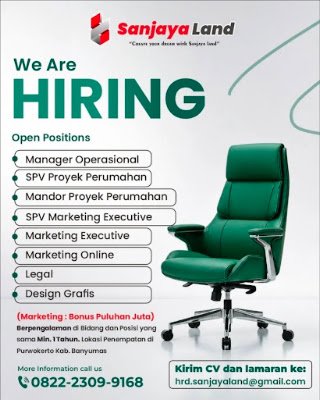 Manager Operasional, SPV Proyek Perumahan, Mandor Proyek Perumahan, SPV Marketing Executive, Marketing Executive, Marketing Online, Legal, Design Grafis